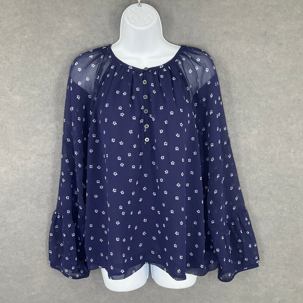 LOFT Women's Blue Ditsy Floral Bell Long Sleeve Sheer Blouse‎ Sz L Career Modest